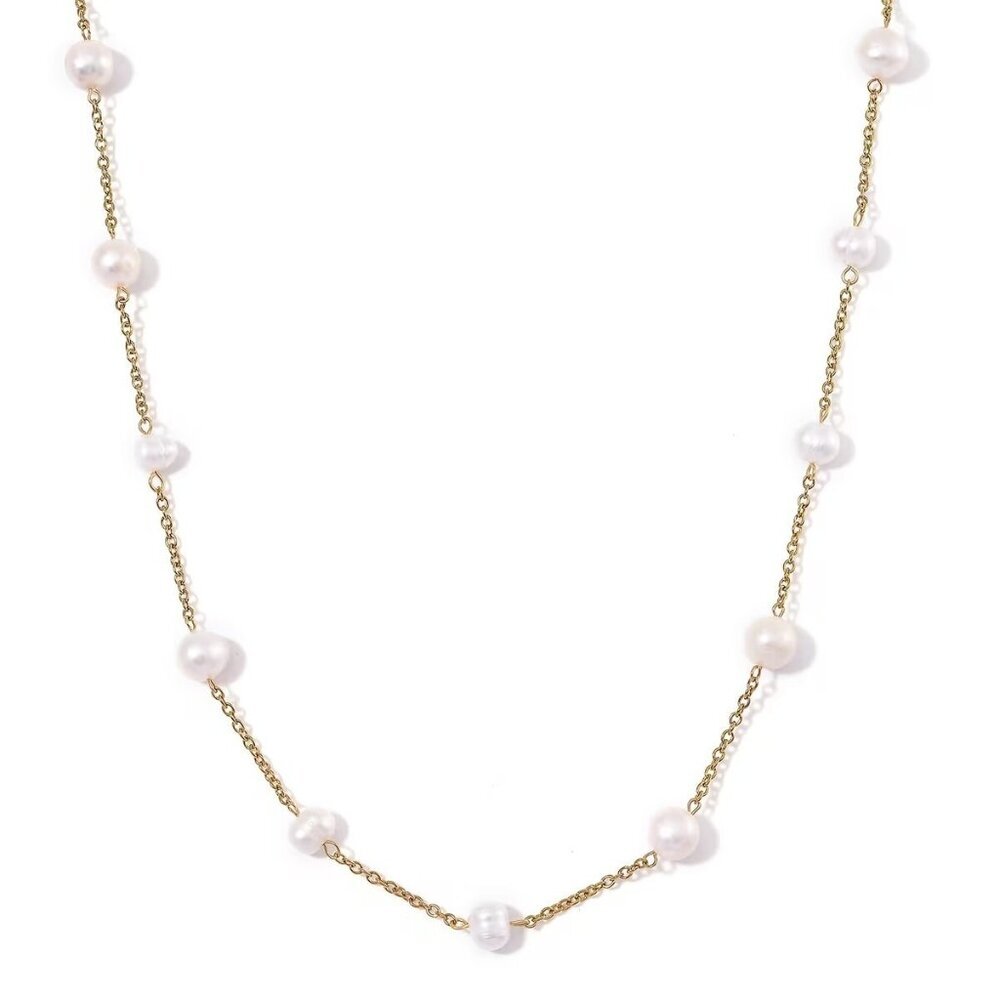 Freshwater White Pearl Station Necklace 36 Inches in Plated YG Stainless Steel